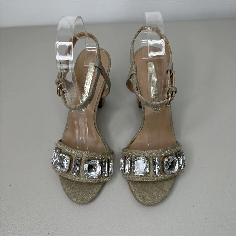 Audrey Brooke Janice Jeweled Sandals Size 6 Gold Champagne Heels Wedding Evening